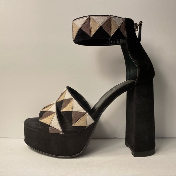 Hermes open toe suede colorblock pumps block heels black 35.5 - Picture 4 of 10